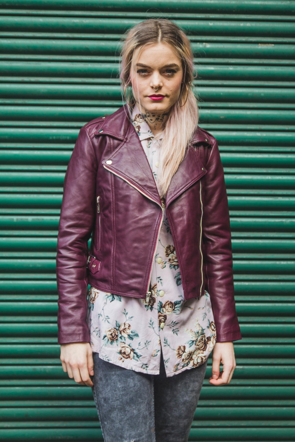 80's Style Classic Burgundy Lambskin Biker Jacket