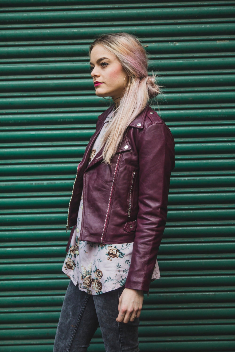 80's Style Classic Burgundy Lambskin Biker Jacket