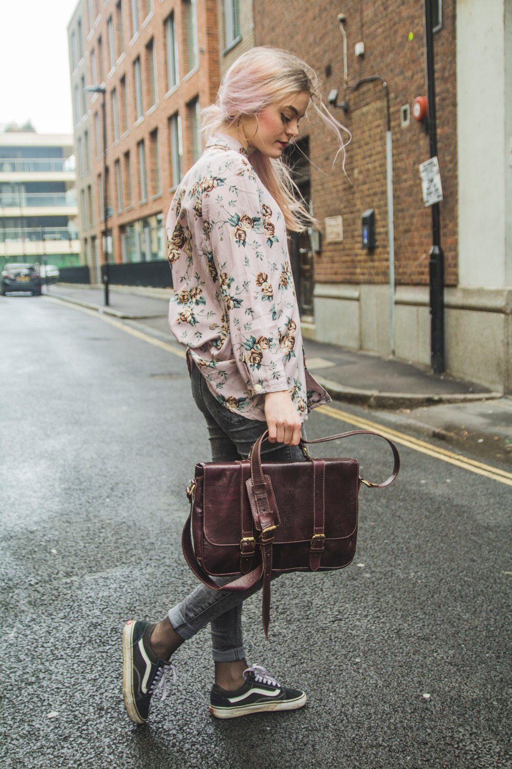 Gloss Leather Work Messenger Satchel In Coco Brown