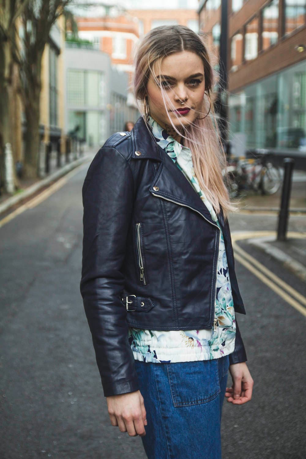 Soft Leather Biker Jacket In Navy Blue