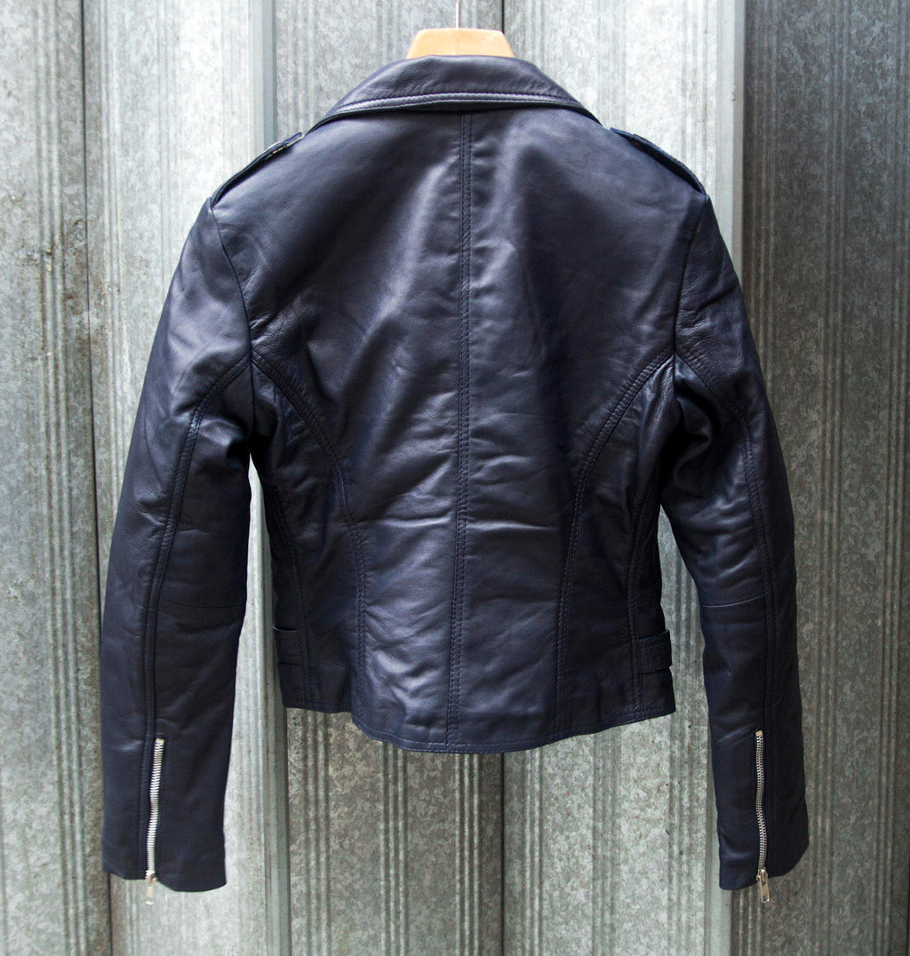 Soft Leather Biker Jacket In Navy Blue