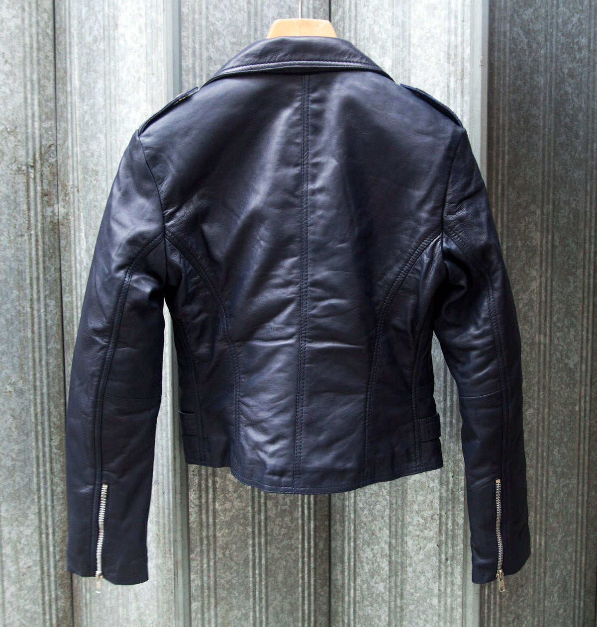 Soft Leather Biker Jacket In Navy Blue