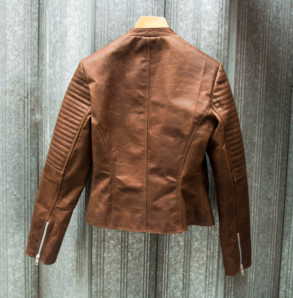 Soft Coco Leather Biker Jacket WIth Quilted Arm Sleeves
