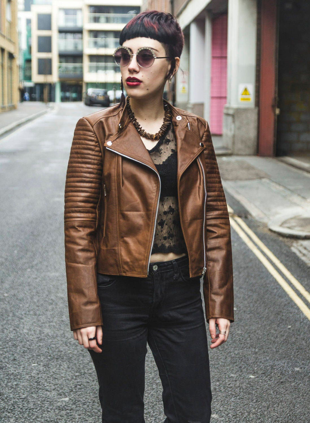Soft Coco Leather Biker Jacket WIth Quilted Arm Sleeves