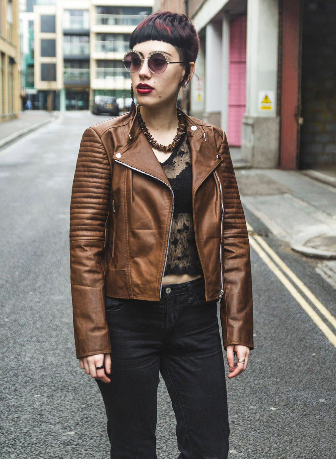 Soft Coco Leather Biker Jacket WIth Quilted Arm Sleeves