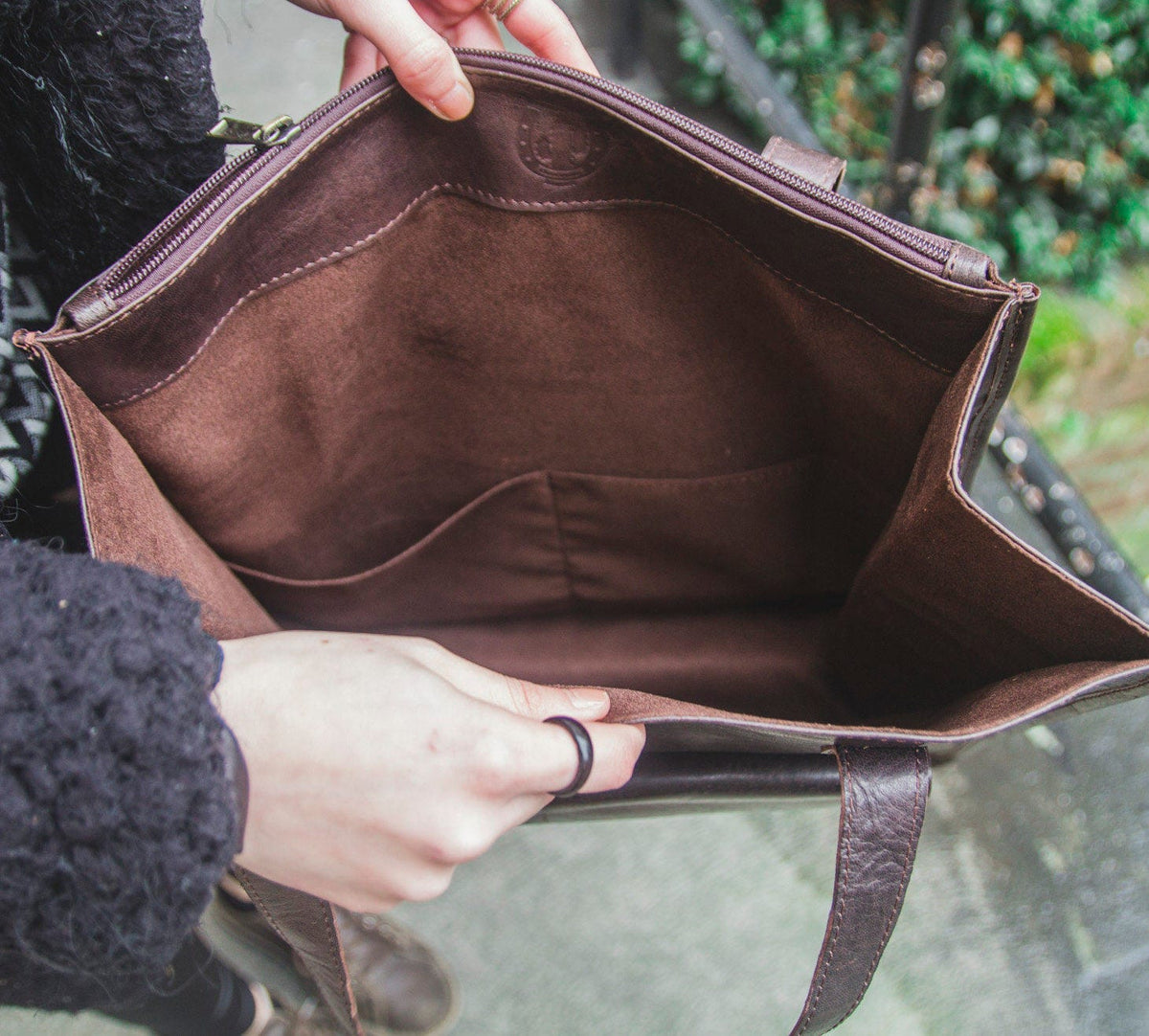Brown Leather Tote Shopper Bag With Front Book Pocket