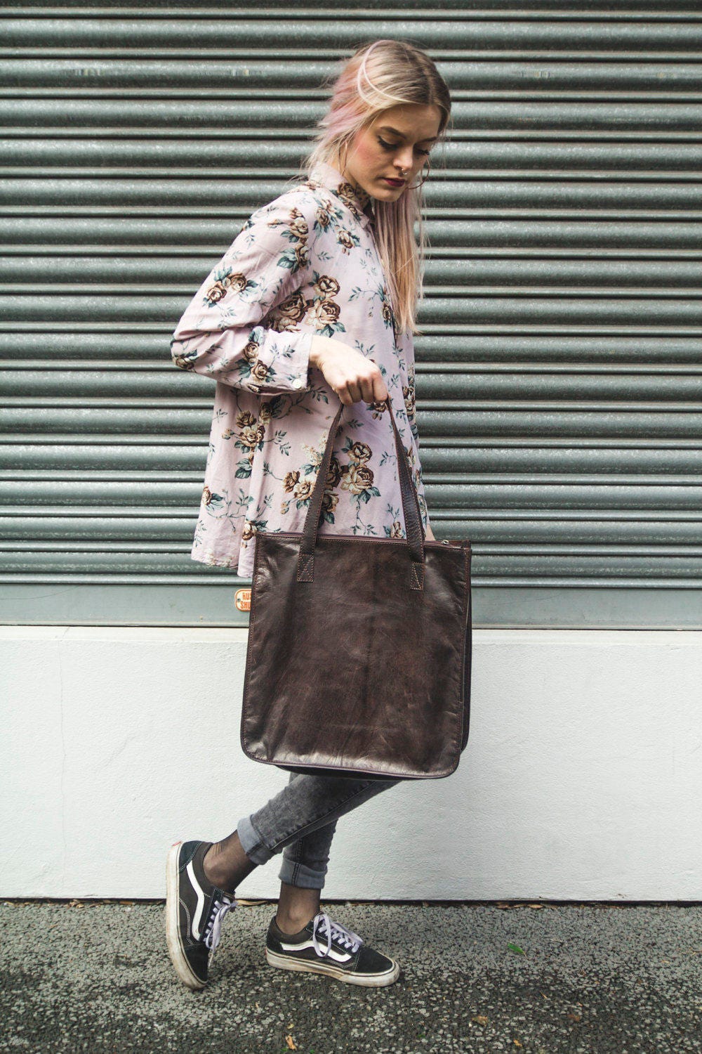 Brown Leather Tote Shopper Bag With Front Book Pocket