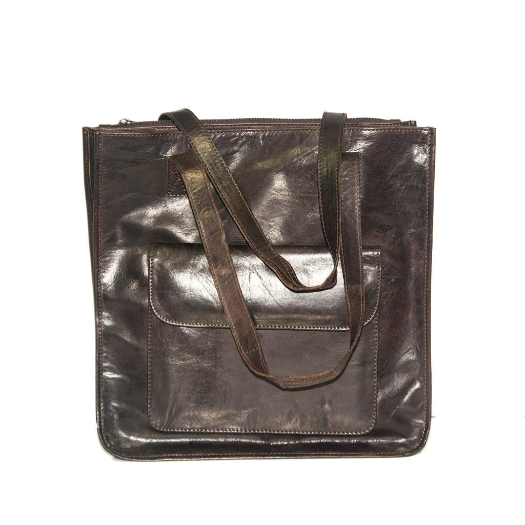 Brown Leather Tote Shopper Bag With Front Book Pocket
