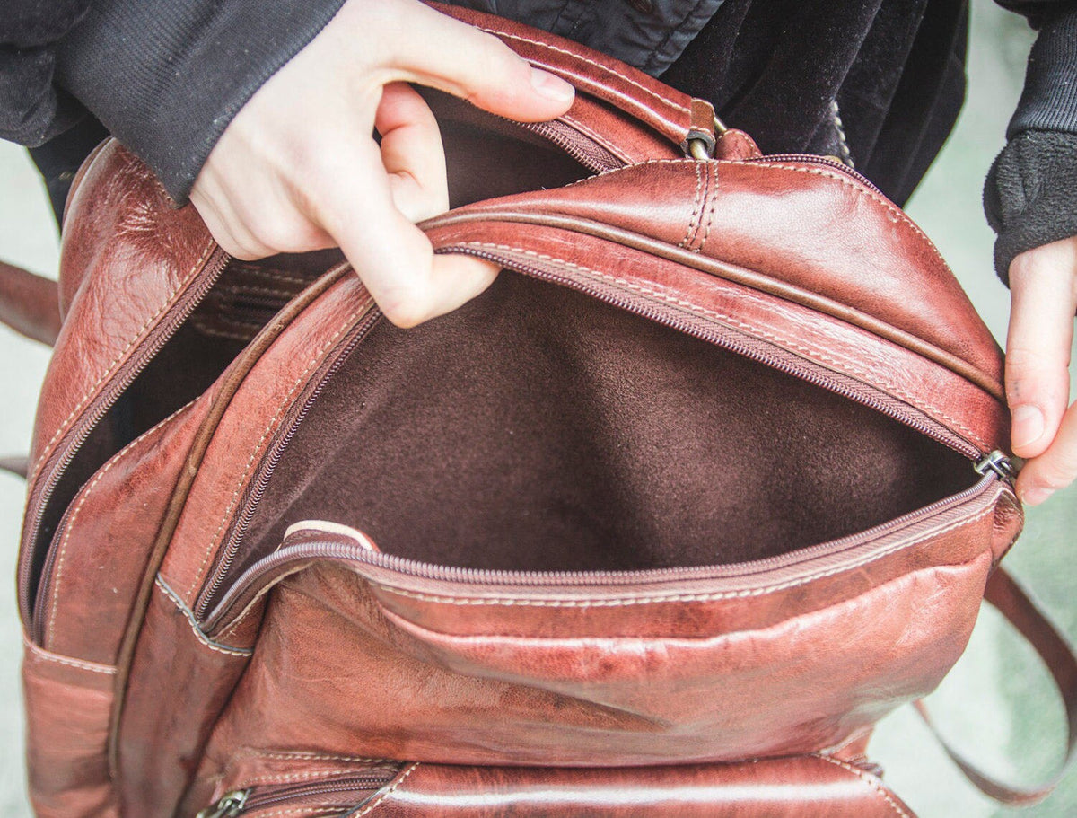 Textured Brown Gloss Leather Office Backpack | Work Rucksack