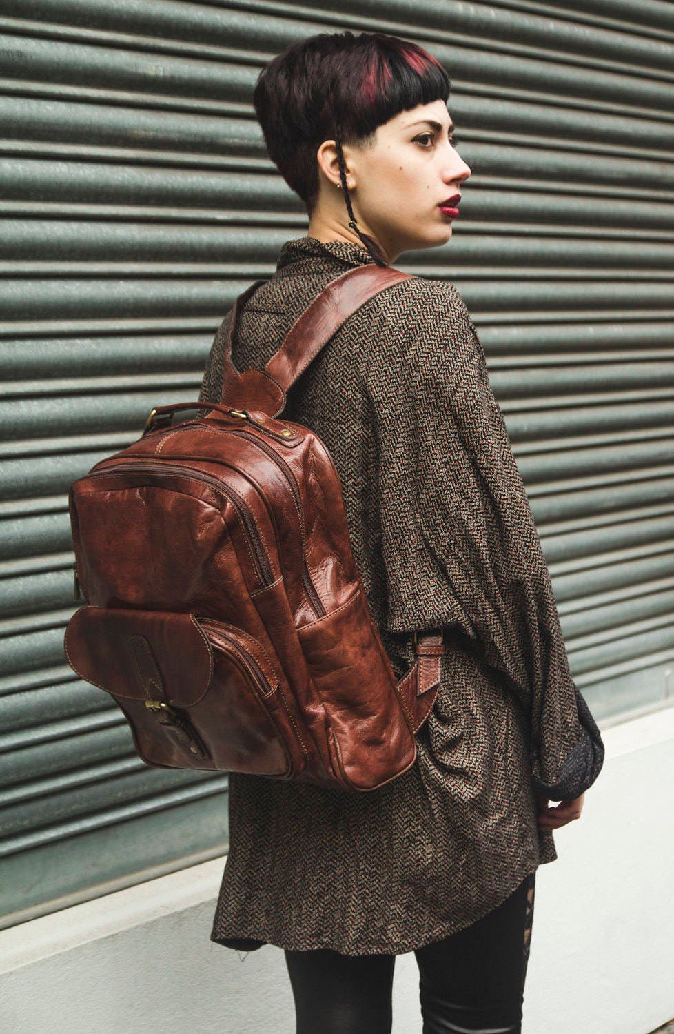 Textured Brown Gloss Leather Office Backpack | Work Rucksack