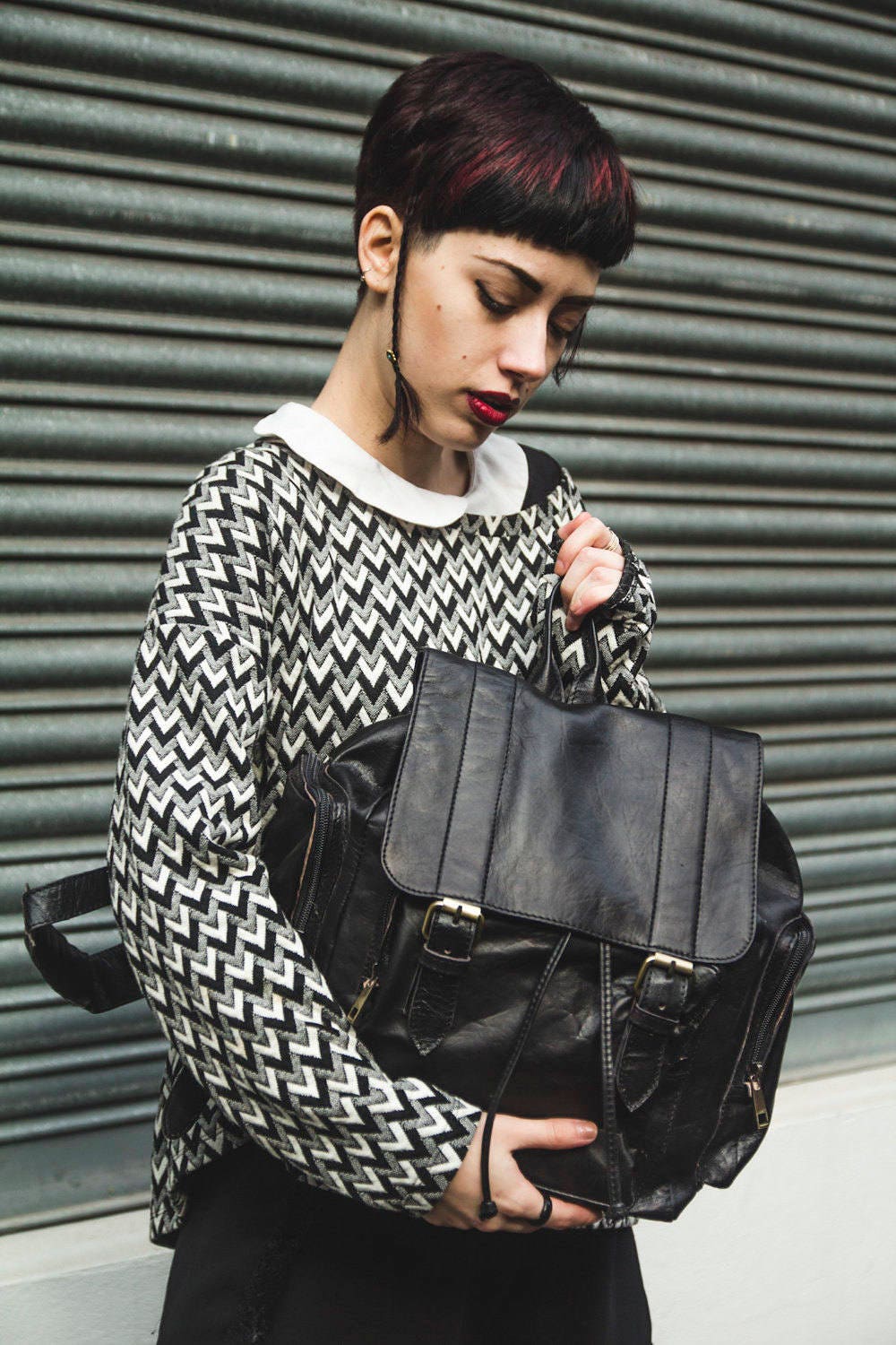 Black Leather Retro Backpack | 80's Style Rucksack