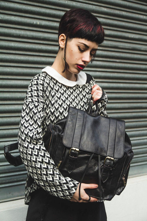 Black Leather Retro Backpack – 80s Style Rucksack with Brass Buckles