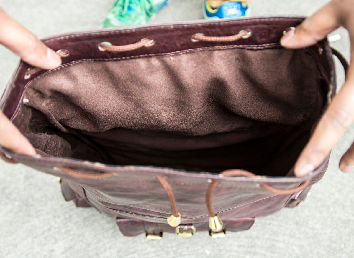 Roll Top Brown Leather Rucksack With Soft Quilted Back