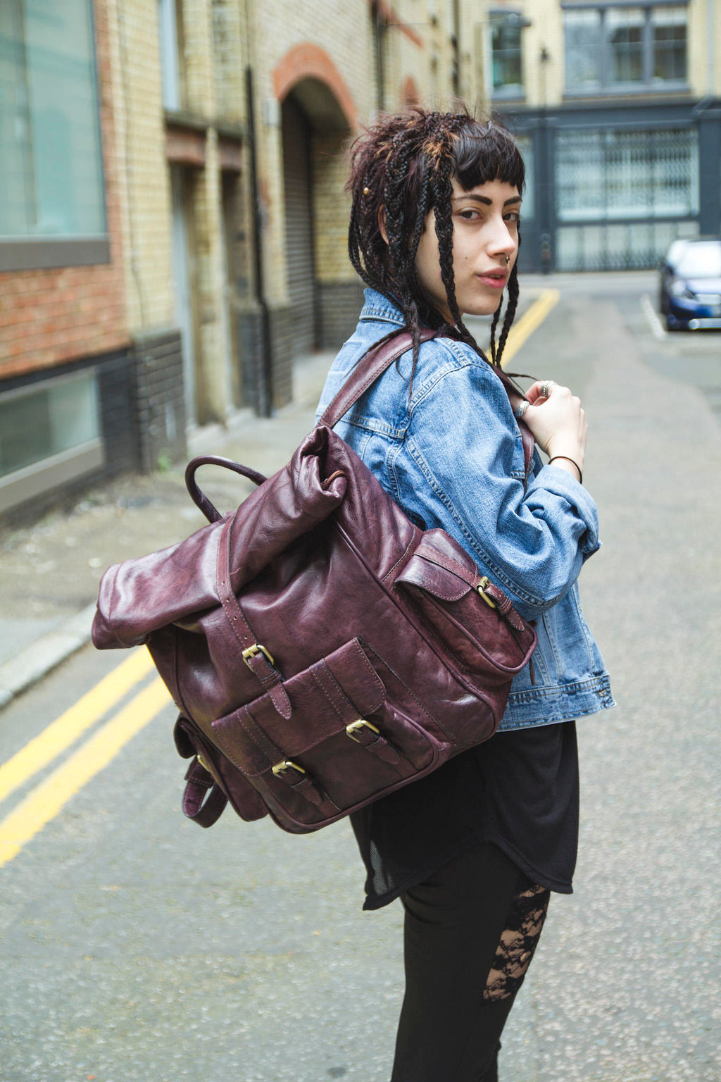 Roll Top Brown Leather Rucksack With Soft Quilted Back