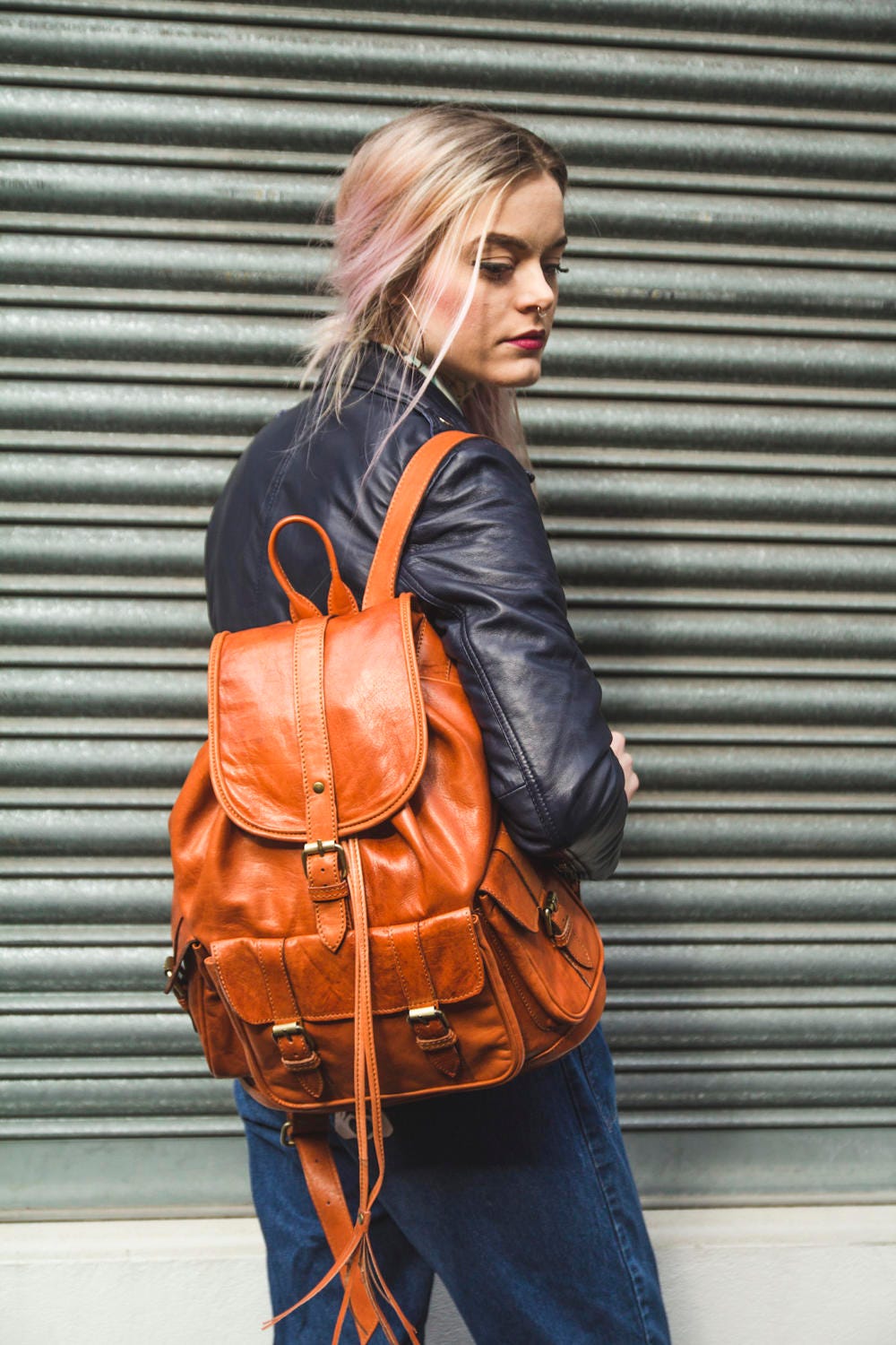Tan Orange Leather Rucksack Backpack Soft