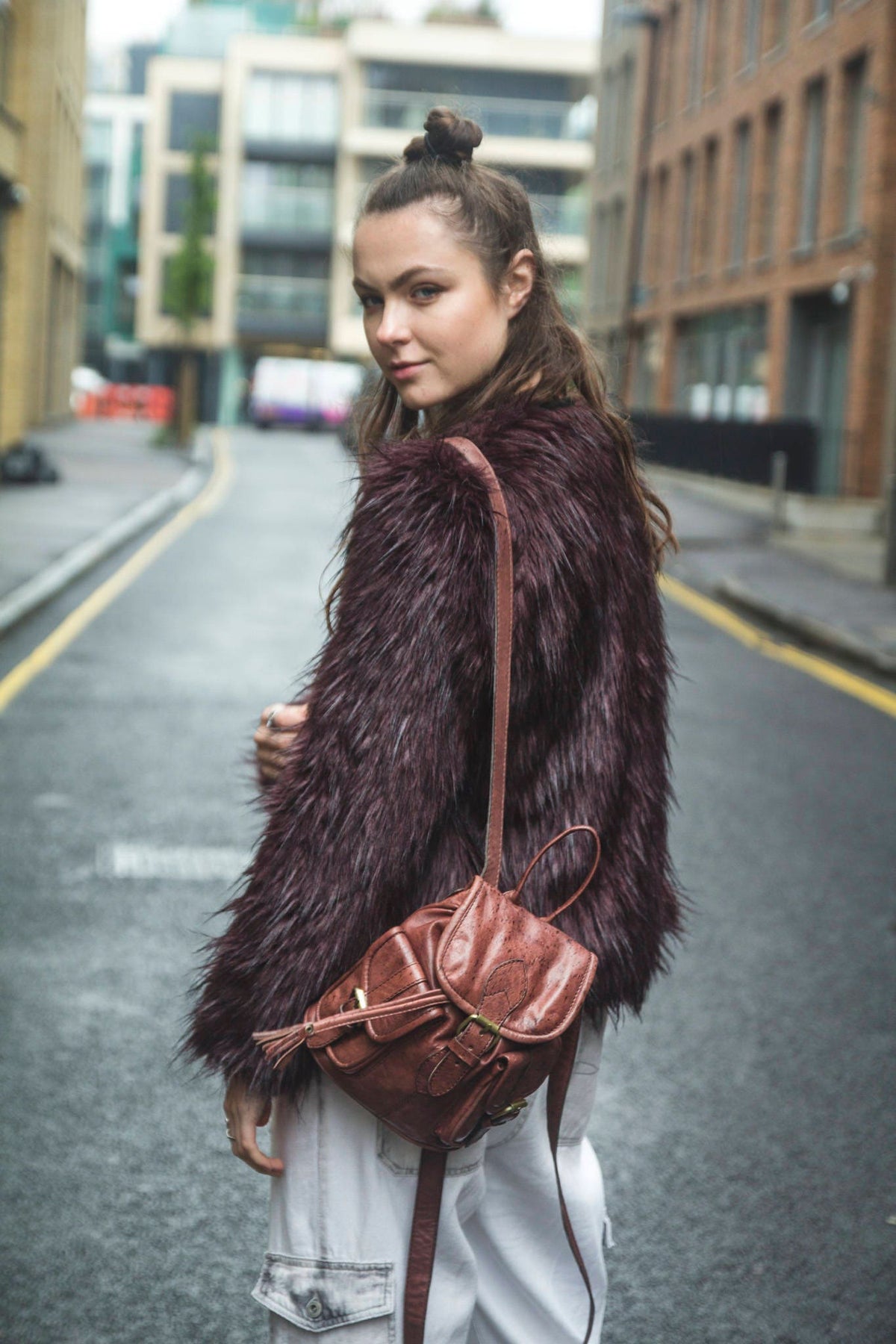 80's Style Mini Rucksack Backpack | Stressed Brown Gloss Leather