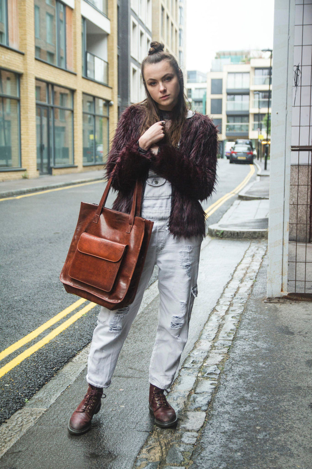 Stressed Brown Leather Shopper Tote Bag