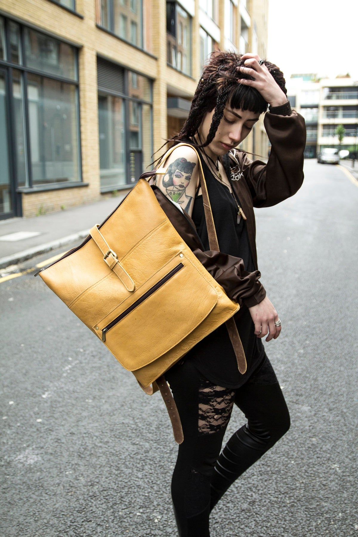 Leather Work Backpack In Mustard Yellow