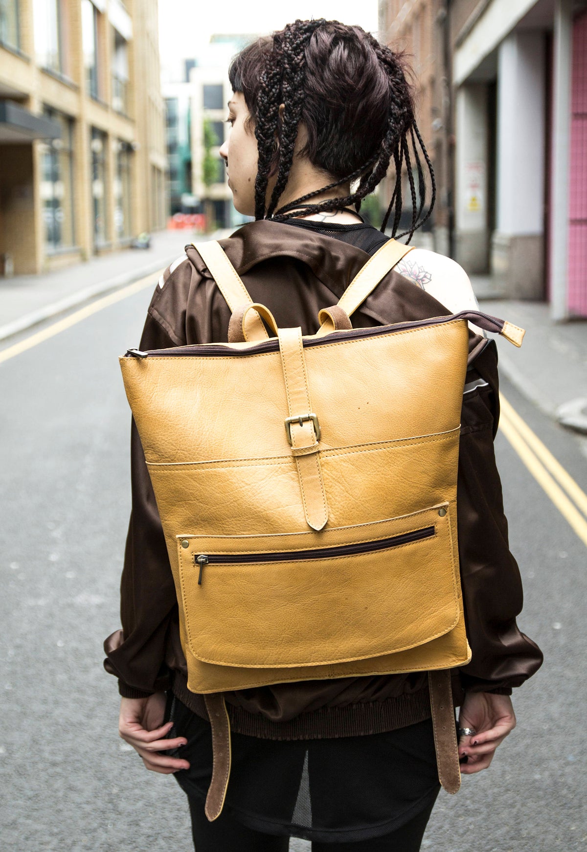 Leather Work Backpack In Mustard Yellow