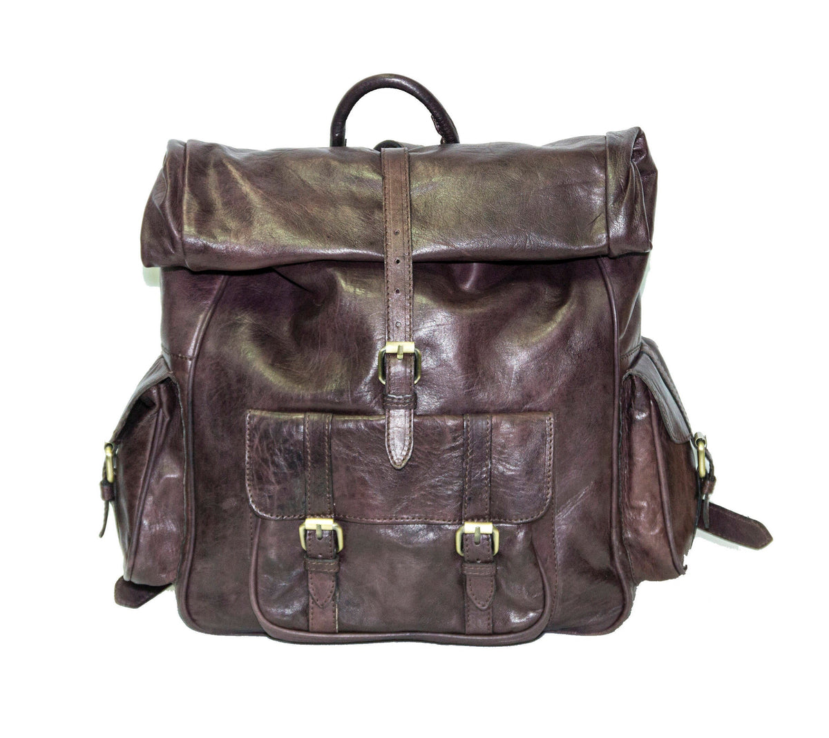 Roll Top Brown Leather Rucksack With Soft Quilted Back