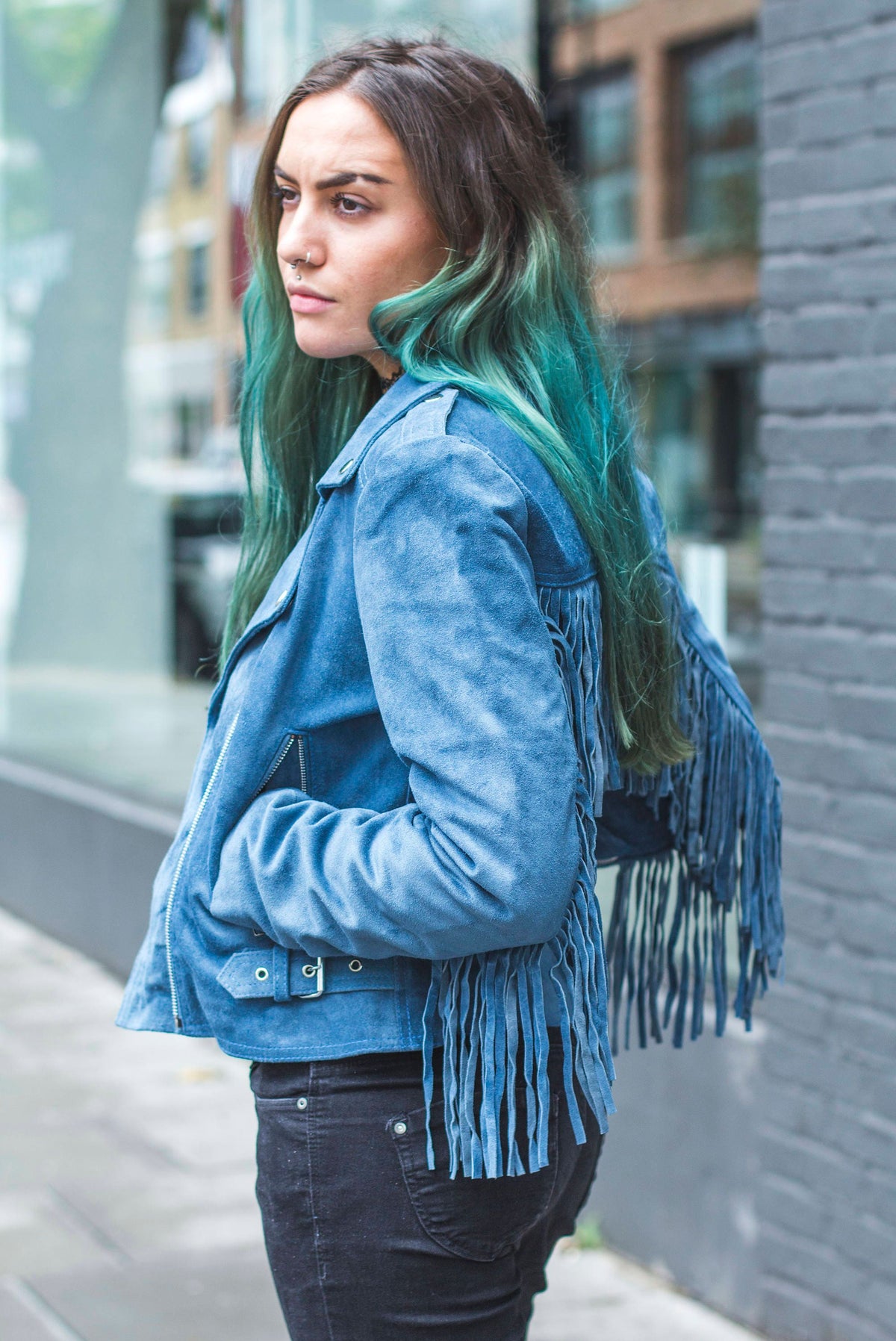 Suede Fringe Festival Jacket | 80's Style | Ocean Blue (Can Be Ordered Without Fringe)
