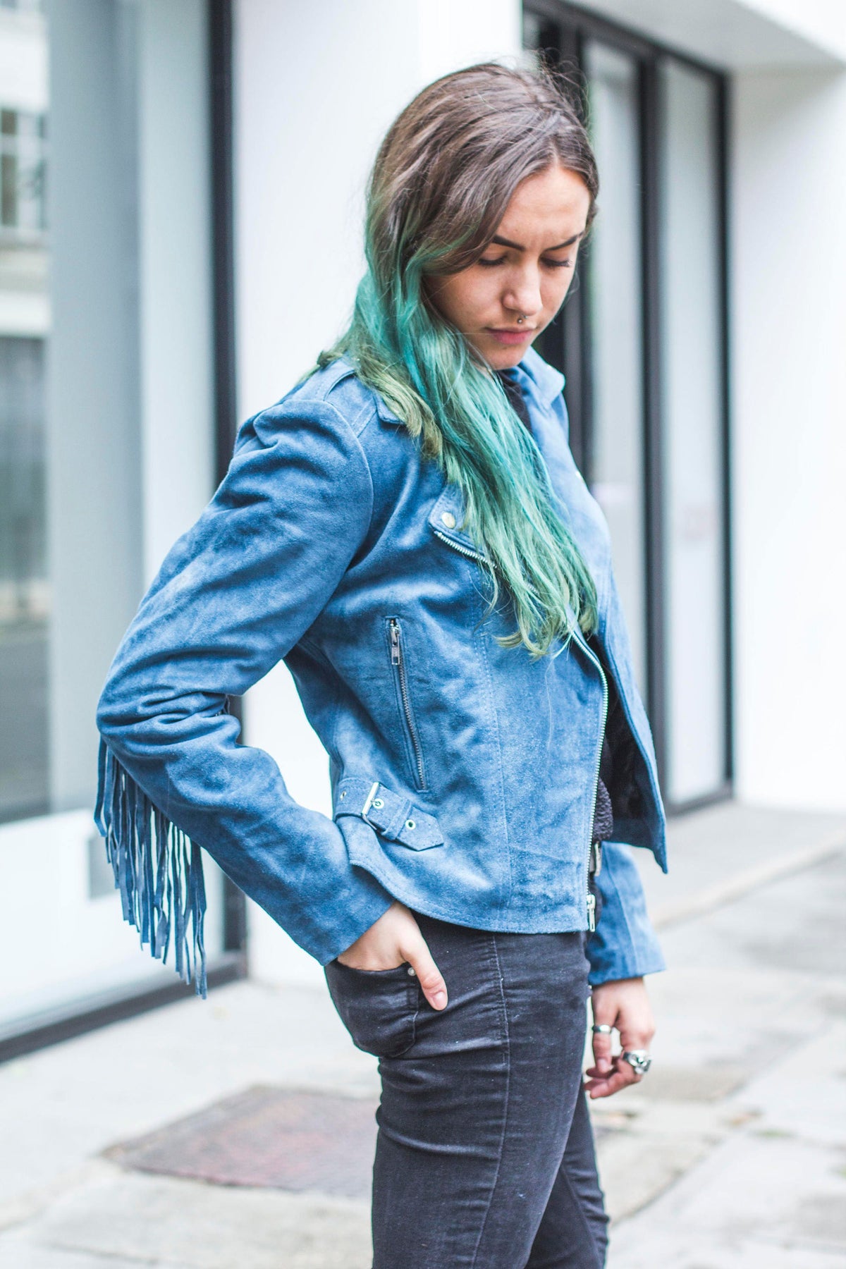 Suede Fringe Festival Jacket | 80's Style | Ocean Blue (Can Be Ordered Without Fringe)