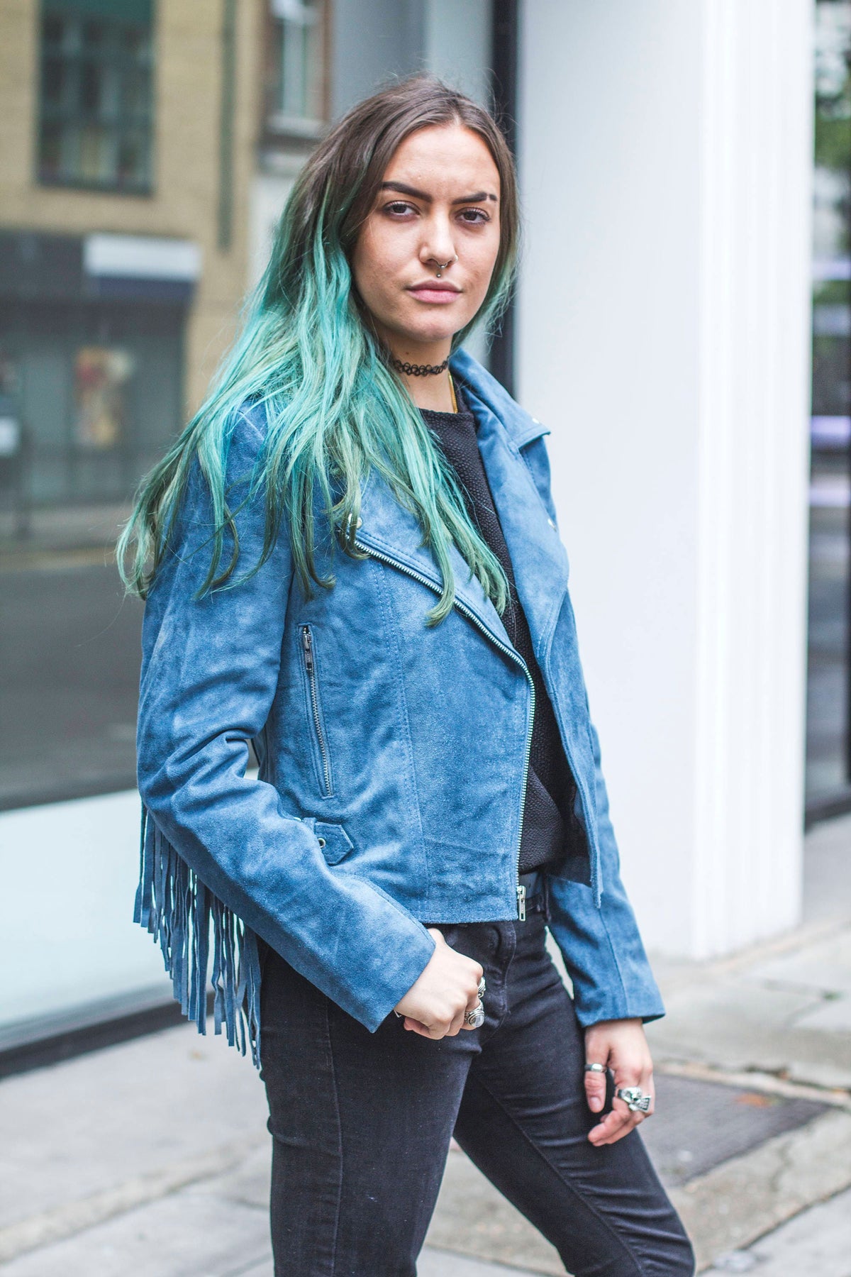 Suede Fringe Festival Jacket | 80's Style | Ocean Blue (Can Be Ordered Without Fringe)