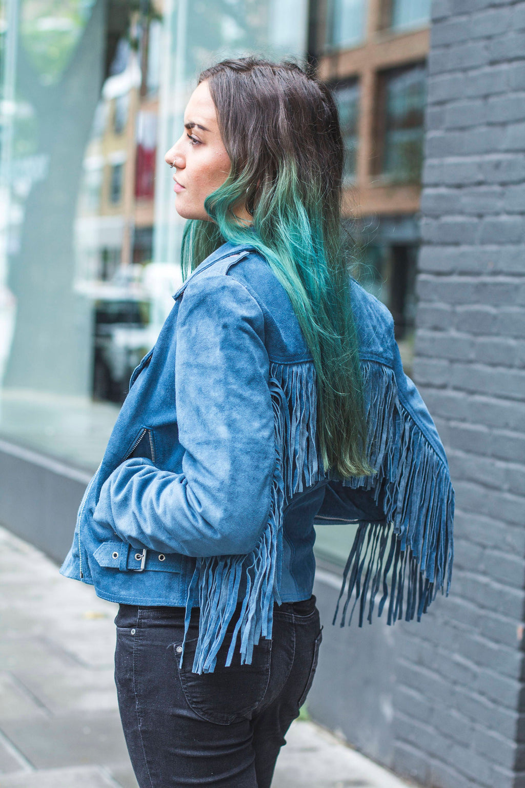 Suede Fringe Festival Jacket | 80's Style | Ocean Blue (Can Be Ordered Without Fringe)
