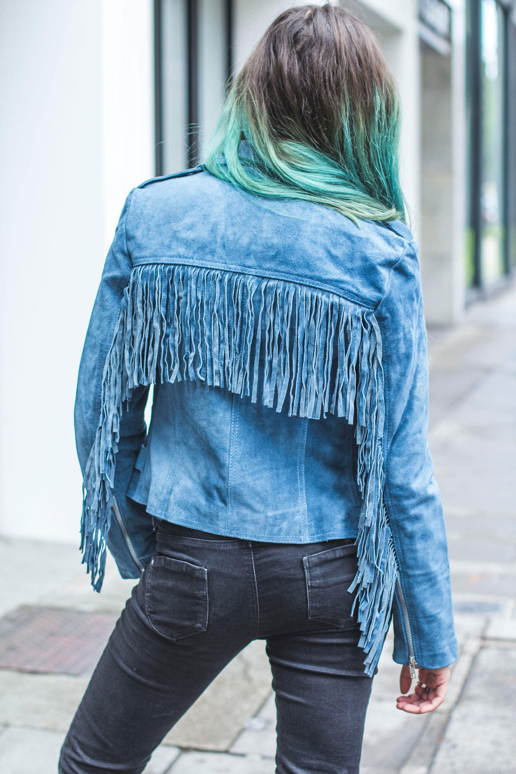 Suede Fringe Festival Jacket | 80's Style | Ocean Blue (Can Be Ordered Without Fringe)