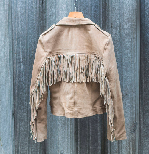 Beige Suede Fringe Jacket – Women's 80s Festival Biker Jacket