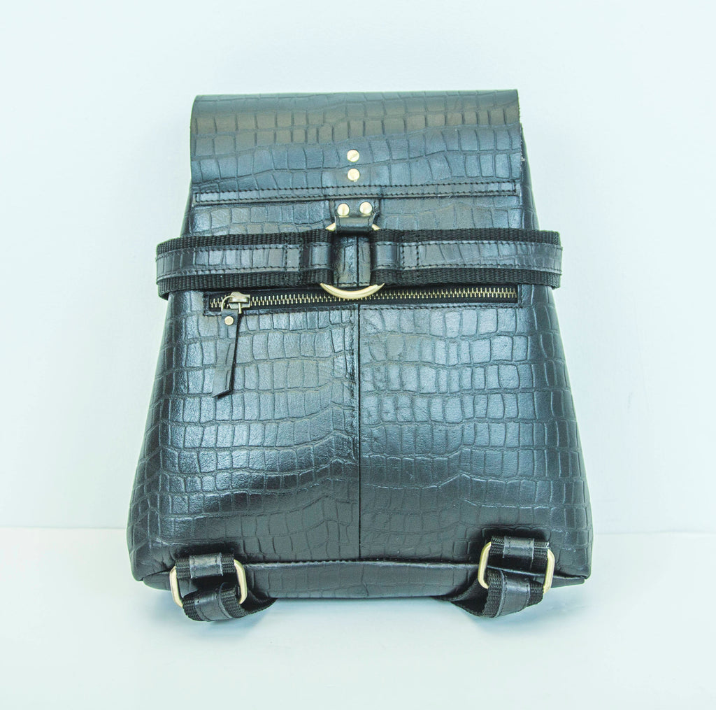 Luxury Grained Leather Crocodile Print Backpack (Black)