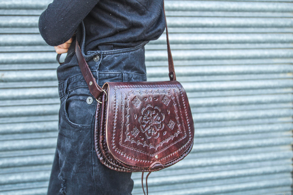 Hand Tooled Moroccan Leather Saddle Bag Satchel