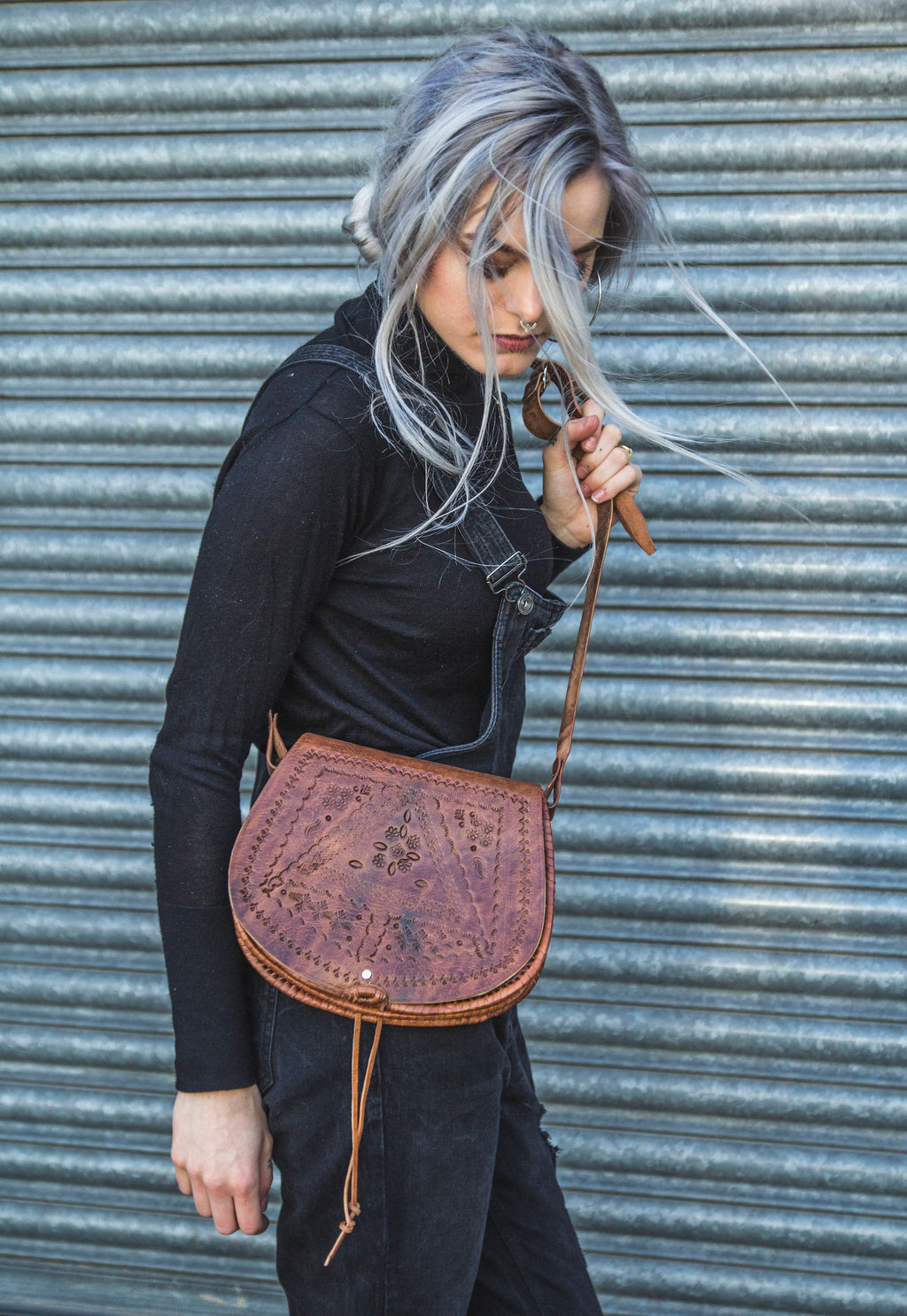 Hand Tooled Moroccan Brown Leather Saddle Bag Satchel