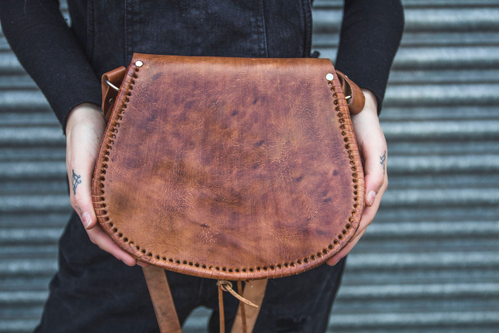 Hand Tooled Moroccan Brown Leather Saddle Bag Satchel