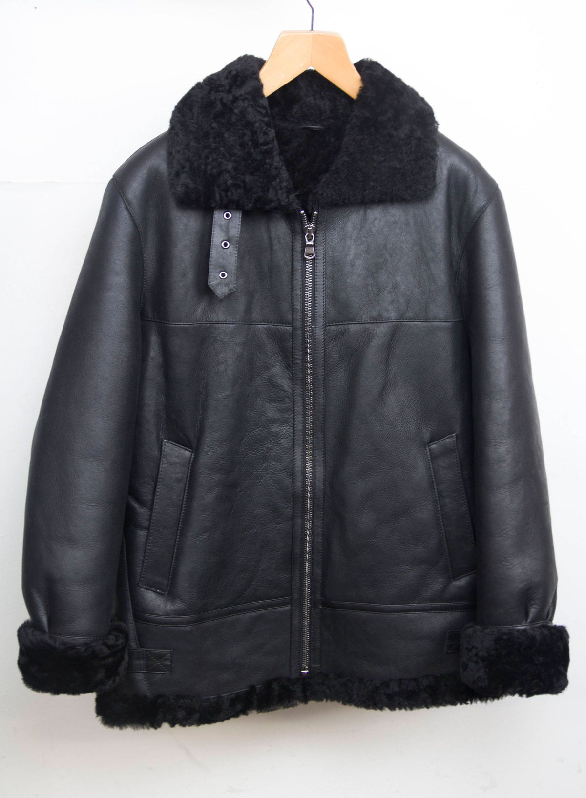 Luxury Shearling & Black Leather Winter Aviator Jacket | Unisex