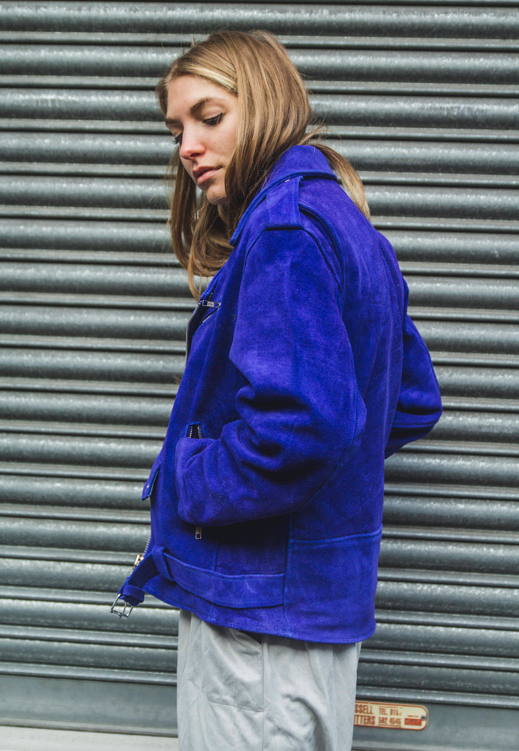 Blue Cobalt Suede Biker Jacket In Oversized Fit