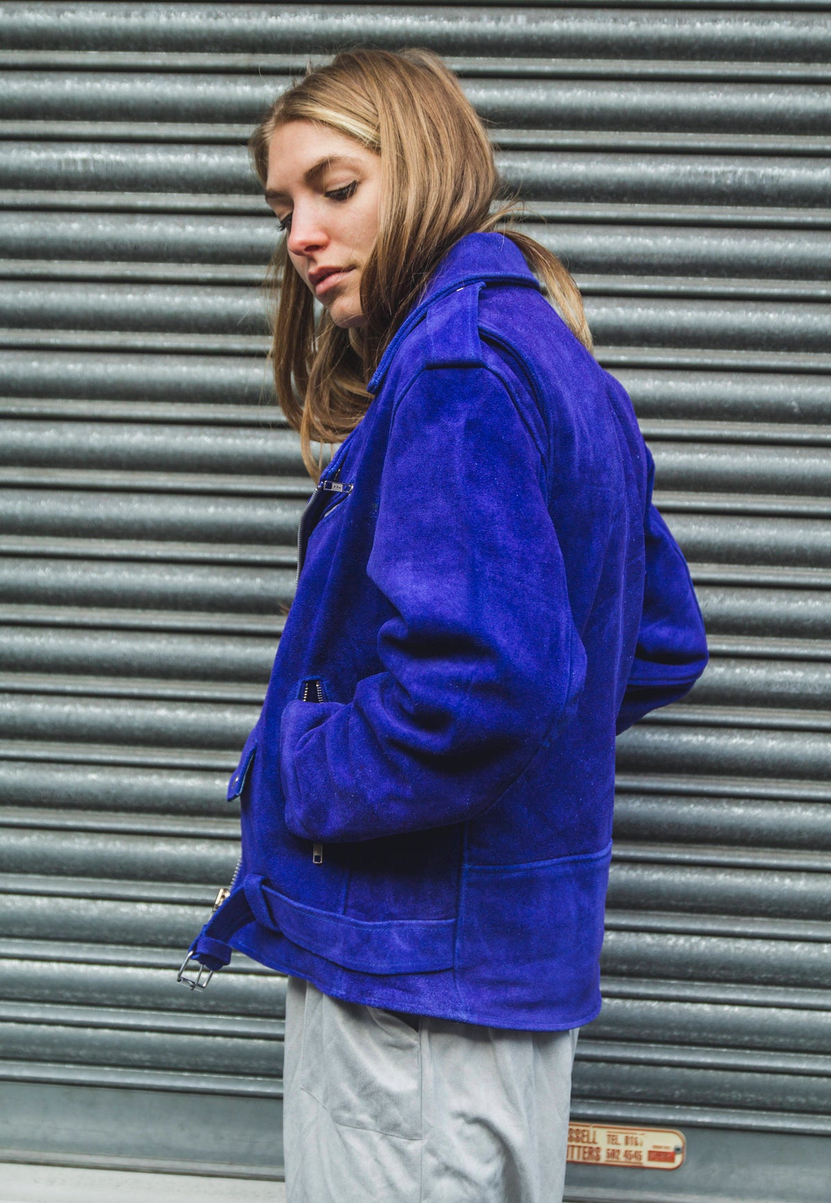Blue Cobalt Suede Biker Jacket In Oversized Fit