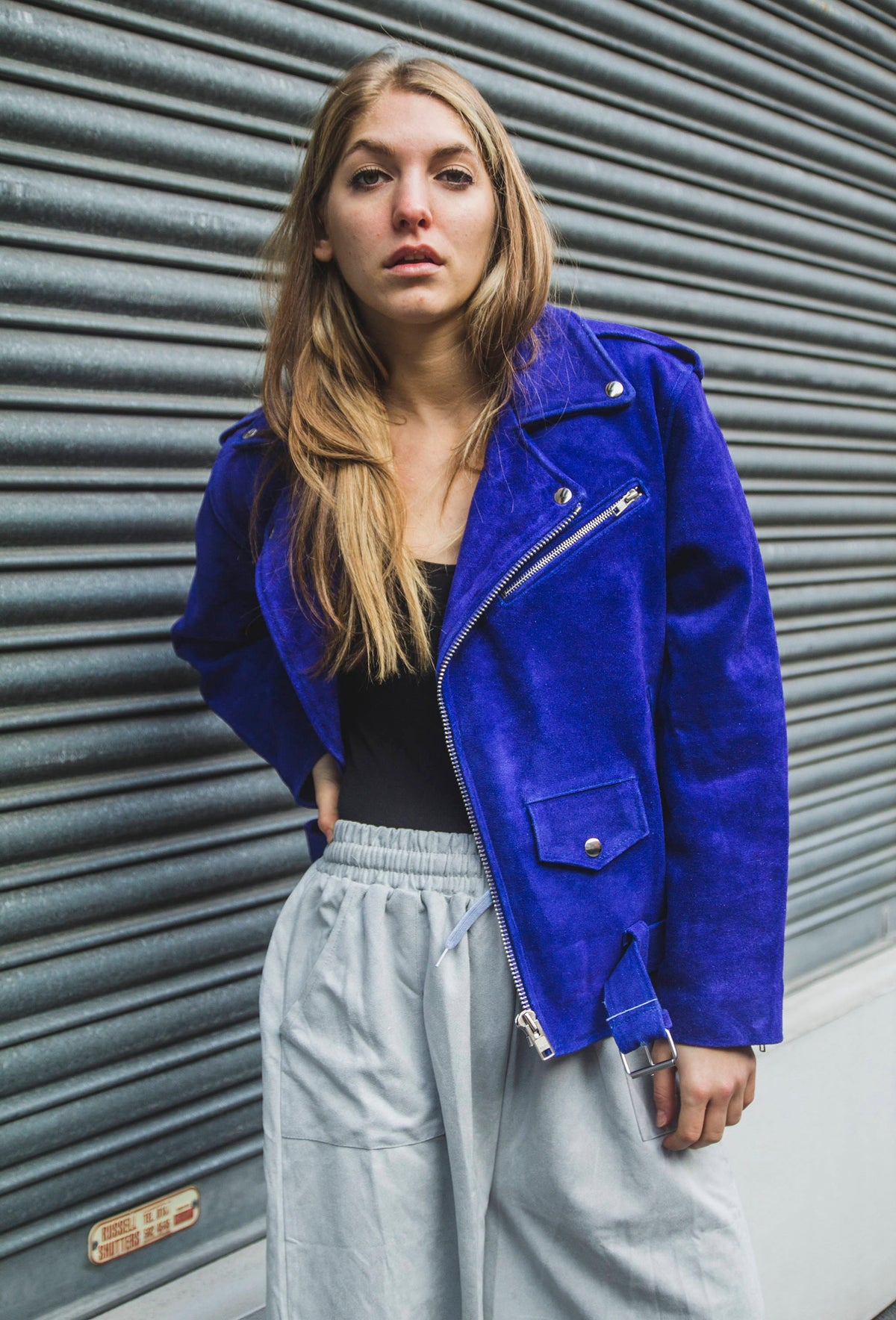 Blue Cobalt Suede Biker Jacket In Oversized Fit