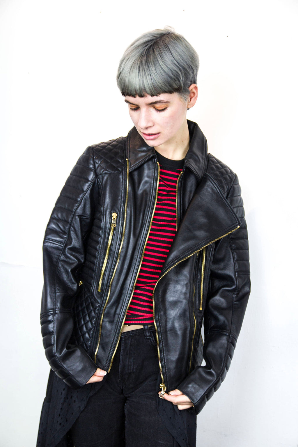 80's Style Classic Sheepskin Biker Jacket With Quilts