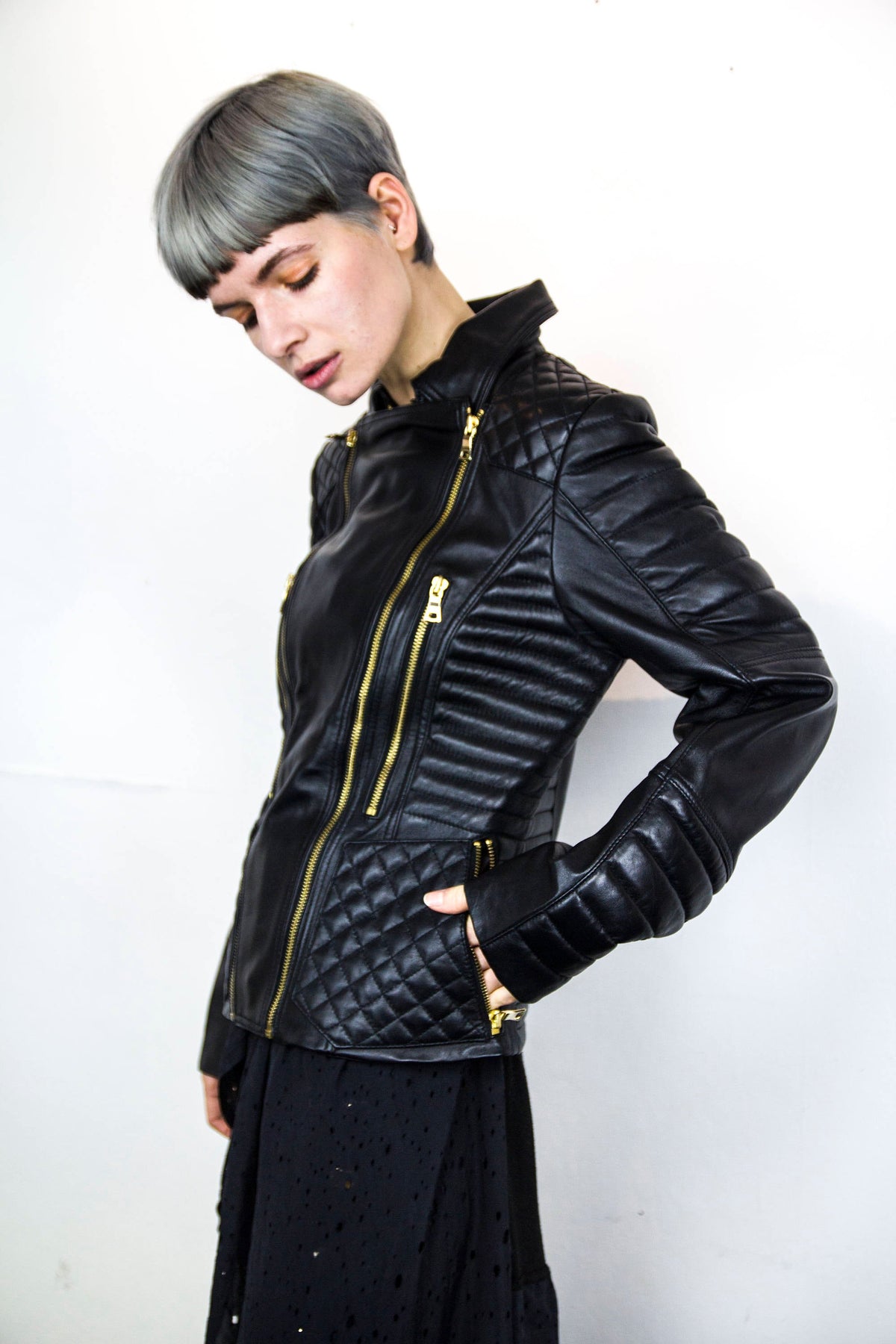 80's Style Classic Sheepskin Biker Jacket With Quilts