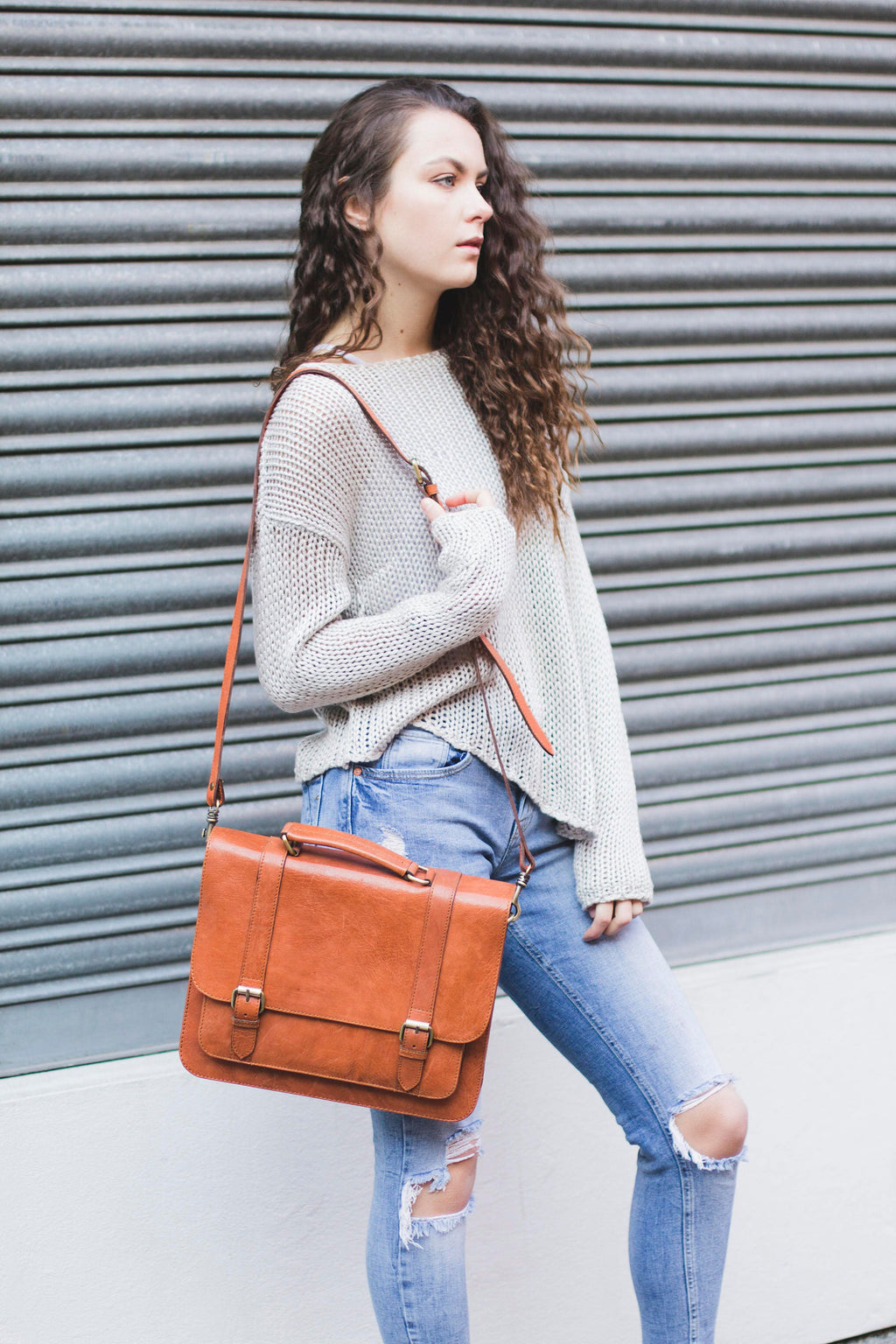 Tan Leather Laptop Messenger Bag Work Satchel