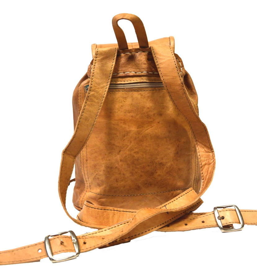 Tan Brown Moroccan Leather Rucksack | 80's Bohemian Style | Small
