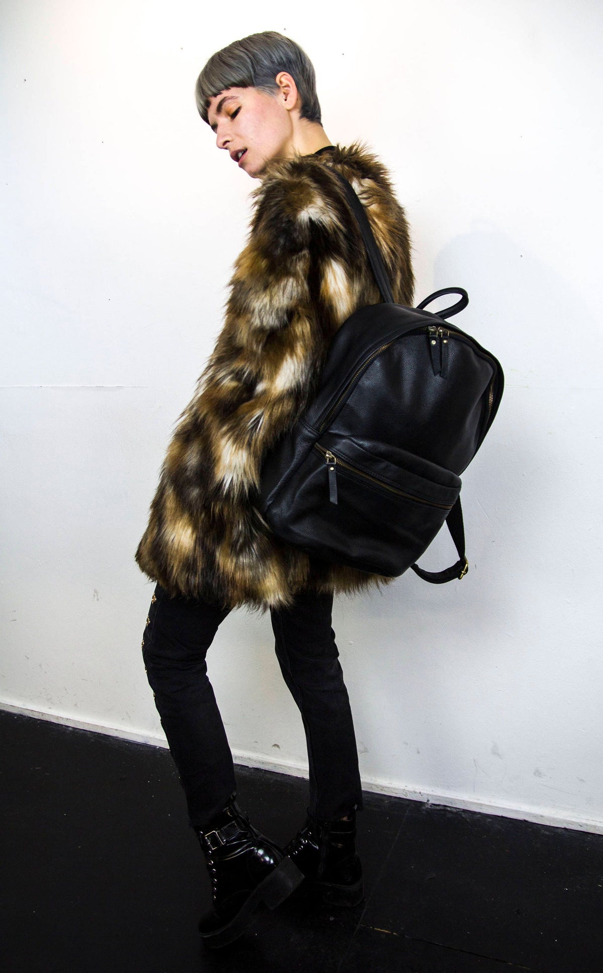 Premium Grained Black Leather Office / Work Backpack