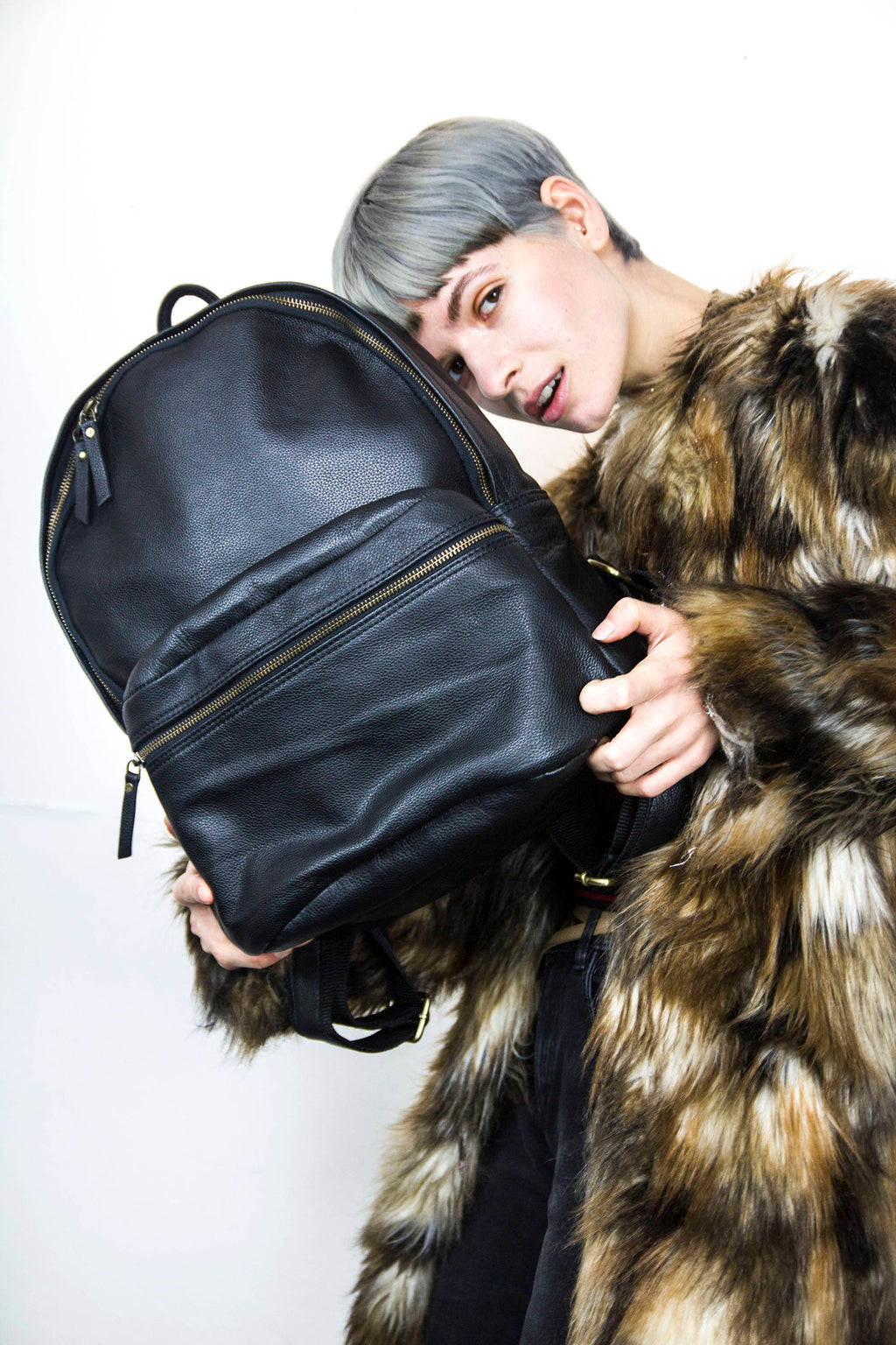 Premium Grained Black Leather Office / Work Backpack