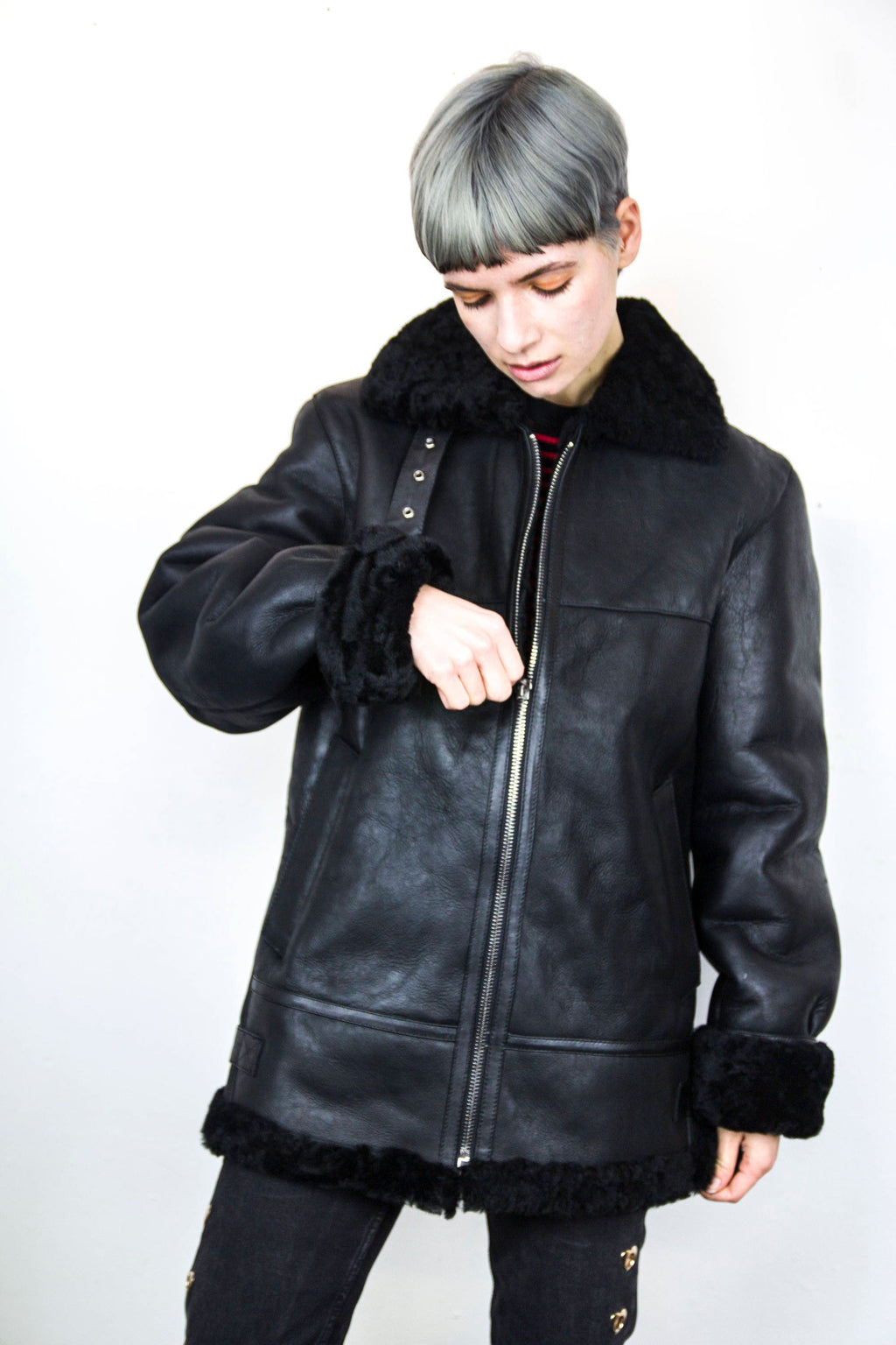 Luxury Shearling & Black Leather Winter Aviator Jacket | Unisex