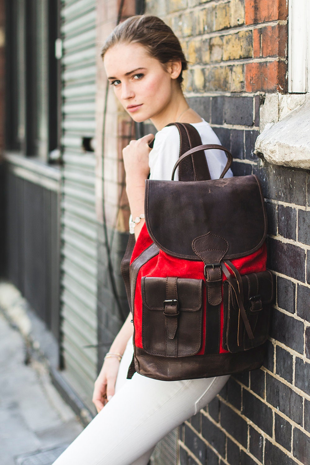 Red Suede and Leather Rucksack Backpack Premium