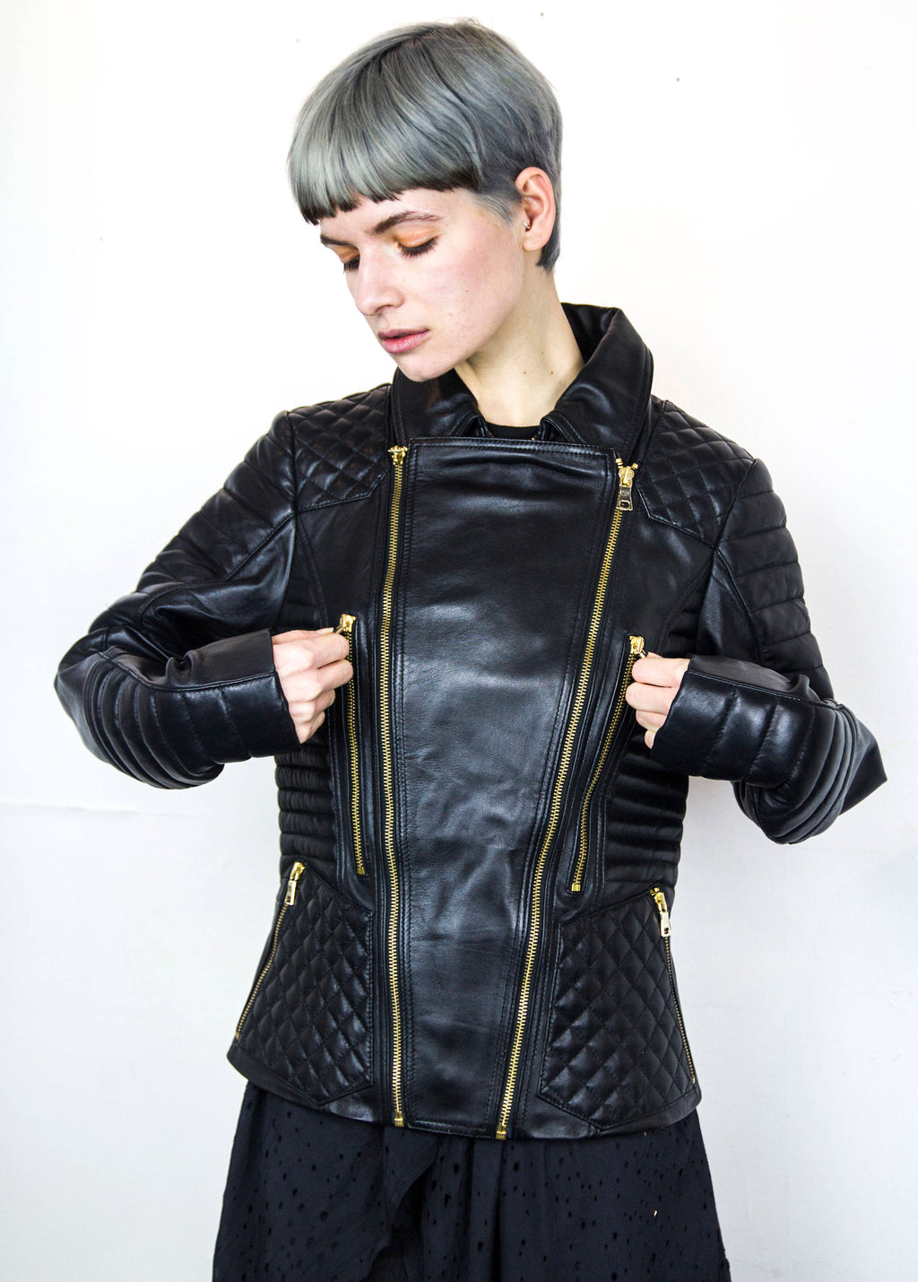 80's Style Classic Sheepskin Biker Jacket With Quilts