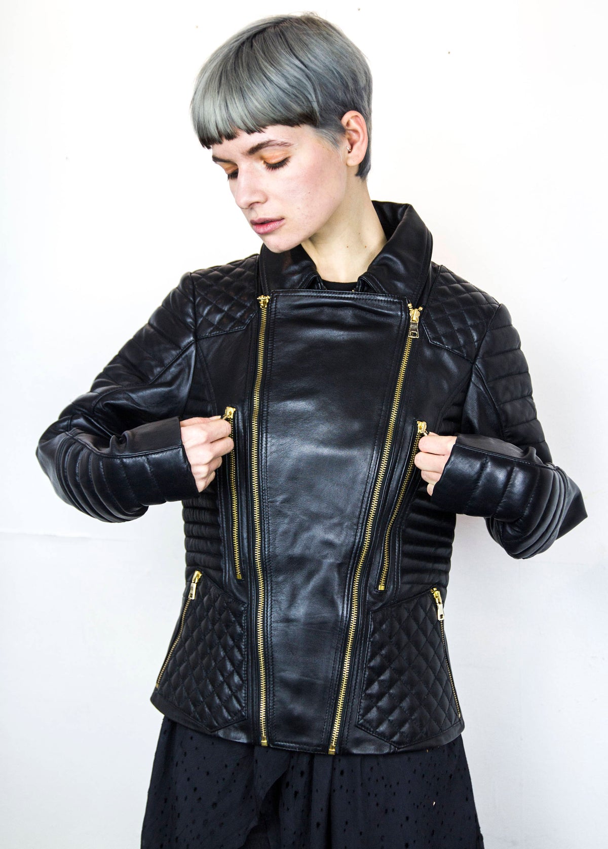 80's Style Classic Sheepskin Biker Jacket With Quilts