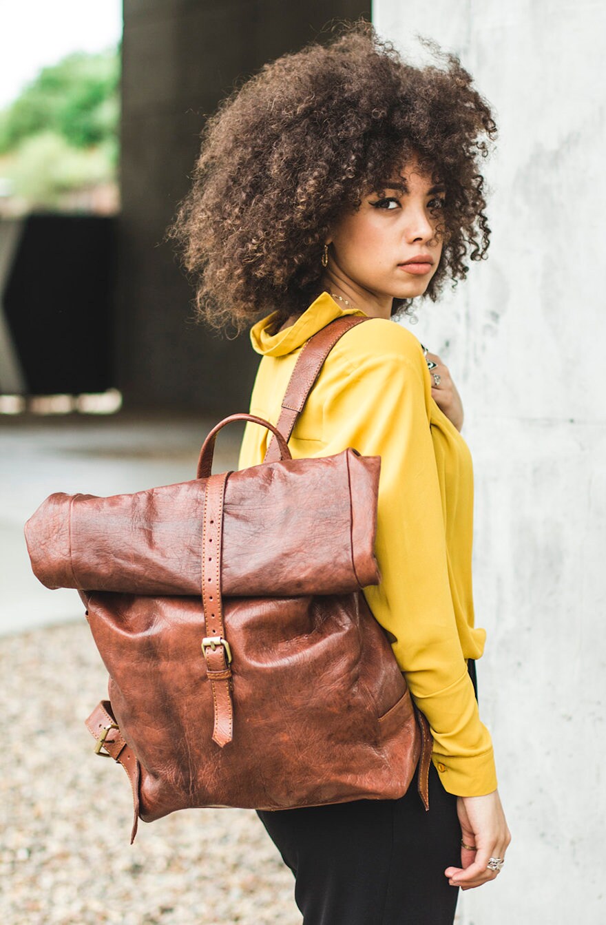 Distressed Leather Traveller's Rucksack Backpack With Roll Top