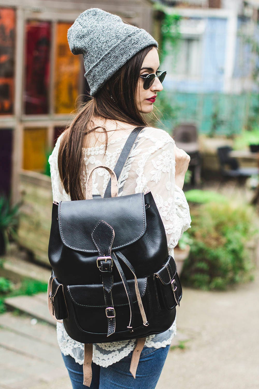 Black Leather Rucksack Hand Made Boho Style